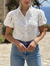 baratos Camiseta lisa-Mulheres Blusa Topo de ilhó Tops de renda Vazado Botões Tecido Diário à moda Básico Manga Curta Colarinho de Camisa Tops regulares Diário Trabalho Feriado Branco Rosa cor de Rosa Primavera Outono