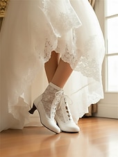 abordables novia-Botines blancos con cordones vintage de los años 30 para mujer con inserciones de encaje floral: elegantes tacones de estilo retro para eventos formales, bodas y fiestas.