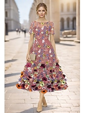 Недорогие Коктейльные платья-А-силуэт До щиколотки Ниже колена коктейльные платья Элегантный стиль С цветами С короткими рукавами Вырез лодочкой Свадьба Официальные Кружева с Вышивка Аппликации