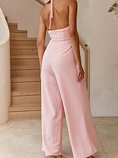 billige Jumpsuits-Dame Normal Kjeledresser Elegant Helfarge Ermeløs Bred Bukseben Grimehals Åpen rygg Daglig Feriereise Løstsittende Hvit Lysegrønn Rosa Sommer