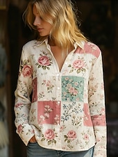  Dámské Košile Boho košile Imitace bavlny a lnu Knoflíky Tisk Květinový Čechy Aktivní Na běžné nošení Dlouhý rukáv Košilový límec Běžné topy Denní Dovolená Béžová Jaro Podzim