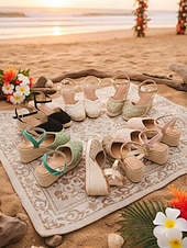 abordables Femmes-Espadrilles compensées blanches en dentelle pour femmes - élégantes sandales à plateforme crochetées à bout fermé et bride cheville, chaussures confortables pour les vacances d'été à la plage.