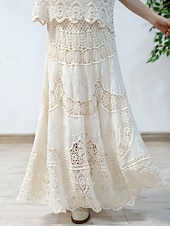 baratos Saias de Férias-Mulheres Saia de renda Boêmia Moda Casual Longo Cintura Média Saias Cor Sólida Renda Buraco Sem Elasticidade Diário Férias Branco Bege Verão Algodão