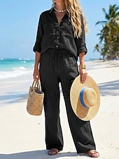 preiswerte Sets-Damen Baumwoll-Leinen-Sets Hosen-Sets Bolero-Oberteil Langarm V Ausschnitt Einfach Kordelzug Mode Streetwear Täglich Outdoor Strand Schwarz Weiß Gelb Sommer Lässiger Schnitt