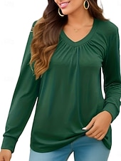 voordelige Effen t-shirt-Dames T-shirt Met ruches Effen Modieus Klassiek Casual Lange mouw V-hals Normale tops Dagelijks Uitgaan Weekend Zwart Wit Blozend Roze Leger Groen Lente Herfst