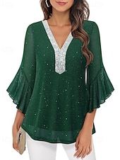 baratos Blusas Elegantes-Mulheres Blusa Tops de lantejoulas Patchwork Bloco de cor à moda Moderno Manga 3/4 Sino Decote V Tops regulares Diário Feriado Para Noite Azul Preto Vermelho Verde Verão Primavera