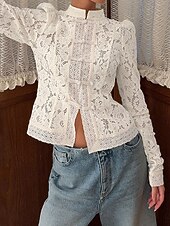 economico Top in Pizzo-Per donna Camicia Camicia di Pizzo Blusa Pizzo Patchwork Bottoni Semplice Elegante Vintage Quotidiano Manica Lunga Manica a Palloncino Collo Alto Top Regolari Quotidiano Lavoro Ferie Nero Bianco