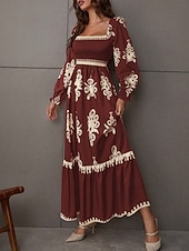 abordables Vestido Boho de Vacaciones-Mujer Vestido maxi Vestido de una línea Vestido de flores Elegante Moda Moderno Exterior Vacaciones Fiesta Ajuste regular Floral Manga Larga Escote Cuadrado Negro Burdeos Marrón Albaricoque Primavera