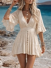 economico Vestito Semplice-Per donna Mini Abito Abito a trapezio Abito Estivo Casual Quotidiano Spiaggia Ferie Vestibilità comoda Semplice Manica 3/4 Scollo a V Beige Estate Primavera