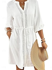 abordables Vestidos de playa-Mujer Vestido hasta la Rodilla Vestido blanco vestido de playa Vestido negro Tapadera Elegante Moda Clásico Manga de la linterna Diario Exterior Playa Holgado Plano Manga Larga Escote Chino Negro