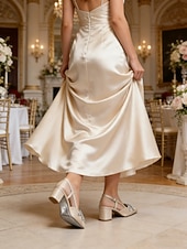 abordables Demoiselle d&amp;#39;honneur-Chaussures de demoiselle d'honneur couleur champagne, escarpins à petit talon bloc et bout pointu avec nœud en cristal, chaussures habillées élégantes et confortables