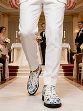 abordables Chaussures Oxford-Chaussures habillées blanches pour homme à motif floral, broderie florale bleue, modèle Oxford à lacets, style élégant et formel pour mariages, fêtes et occasions spéciales.