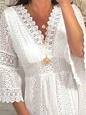 abordables Vestidos de playa-Mujer Vestido hasta la Rodilla Vestido blanco Vestido de encaje Elegante Vintage Moda Manga de la llamarada Diario Exterior Playa Ajuste regular Plano Manga 3/4 Escote en Pico Blanco Albaricoque