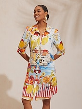 Недорогие Платья для отпуска-Платье-рубашка прямого кроя из атласа с цветочным принтом для отдыха