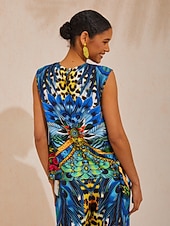 preiswerte Grafiktank-Dschungel-Wildparty-Top aus seidigem Satin mit Pfauenmuster