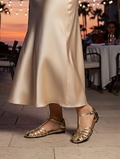 olcso Nők-női arany metálfényű ketreces szandál - elegáns lapos, pántos alkalmi cipők üdülői estékre, kényelmes T-pántos nyári szandálok nyaralási vacsorákhoz &amp;hajózási ruházat