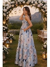 economico Abiti da Sera a Linea A-Linea ad A Lunghezza al pavimento Abito da invitata a nozze Abito Formale Abito da sera Abiti da Ballo Elegante Senza Maniche Spalline sottili Balli di fine anno Formale Raso con Stampa floreale