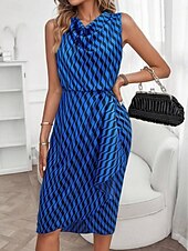 Χαμηλού Κόστους Ριγέ και γεωμετρικό φόρεμα-Γυναικεία Φόρεμα μέχρι το γόνατο Φόρεμα σε ευθεία γραμμή Φόρεμα με δέσιμο στα πλάγια Κομψό Μοντέρνα Καθημερινά ΕΞΩΤΕΡΙΚΟΥ ΧΩΡΟΥ Διακοπές Κανονικό Γεωμετρικό Αμάνικο Με σούρα στο λαιμό