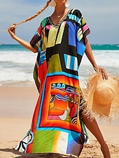 cheap Stripe&amp;Geometric Dress-Women's Maxi Dress Beach Dress Casual Dress Boho Dress Cover Up Elegant Fashion Modern Outdoor Vacation Going out Loose Fit Abstract Half Sleeve V Neck Blue Pink Royal Blue Orange Summer Spring