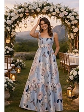 economico Abiti da Sera a Linea A-Linea ad A Lunghezza al pavimento Abito da invitata a nozze Abito Formale Abito da sera Abiti da Ballo Elegante Senza Maniche Spalline sottili Balli di fine anno Formale Raso con Stampa floreale