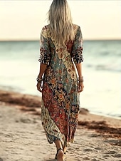 billige Boho-kjoler-Dame Midikjole Vintage kjole Uformell kjole Årgang Normal Grafisk Paisly Langermet V-hals Rød Sommer Vår