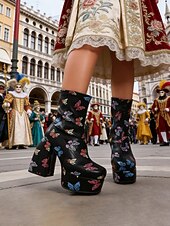 baratos Sapatos femininos-Botas de Tornozelo Plataforma Brancas com Estampa de Borboleta Femininas de Mardi Gras Sapatos Vintage de Salto Chunky para o Festival de Carnaval de Veneza