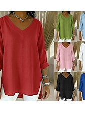 billige Skjorter-Dame Tunika Sommertopper Bluse Imitert bomullslin Lapper Helfarge Elegant Daglig Stilfull Langermet V-hals Vanlige topper Daglig Arbeid Ferie Blå Gressgrønn Svart Hvit Rosa Vår, Høst, Vinter, Sommer