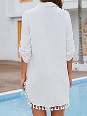 お買い得  ビーチドレス-女性用 ミニドレス 白いドレス ビーチドレス 黒いドレス シャツドレス エレガント ファッション クラシック 日常 アウトドア ビーチ ルーズフィット 平織り 七分袖 シャツカラー ブラック ホワイト 夏 春