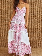 economico Abito Boho da Vacanza-Per donna Abito maxi Vestito Casual Abito Floreale Abito Boho Moda Moderno All'aperto Vacanza Uscire Vestibilità regolare Floreale Senza Maniche Scollo a V Blu Rosso Viola Estate Primavera