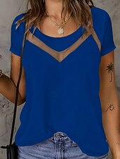 abordables Camiseta lisa-Mujer Camiseta Camiseta superior Encaje Plano Moda Elegante Clásico Manga Corta Cuello Barco Tops regulares Diario Noche Fin de semana Azul Piscina Negro Blanco Rojo Verano Primavera