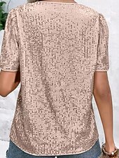 billiga Enkel t-shirt-Dam Mesh skjorta Paljetter Vintage Stylish Sexig Kortärmad V-hals Vanliga toppar Utekväll Helgen Festkläder Aprikosrosa Svart Vit Sommar Vår
