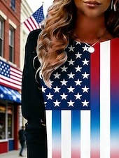  День независимости США Жен. Футболка С принтом Графика Флаг Мода Стиль Классика Длинный рукав Вырез под горло Обычные топы Повседневные выходные Одежда для отпуска Красный Лето Весна Осень