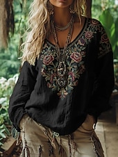 abordables T-shirt Boho-Mujer Camiseta bohemia Camiseta Camiseta superior Estampado Floral Vintage Étnico Casual Manga Larga Escote en Pico Tops regulares Diario Fin de semana Ropa de vacaciones Negro Rosa Primavera Otoño