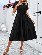 economico Vestito bianco-Per donna Abito Midi Abito a trapezio Abito Estivo Casual Quotidiano Vestibilità regolare Semplice Manica Corta Girocollo Nero Bianco Marrone Verde Estate Primavera