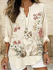 preiswerte Kunst &amp; Design Blusen-Damen Bluse Gerafft Bestickt Druck Ombre Grafik Geometrisch Vintage Tropisch Hawaiianisch Langarm V Ausschnitt Lange Oberteile Täglich Ferien Urlaubskleidung Blau Weiß Beige Sommer Frühling