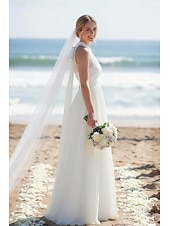  А-силуэт В пол Белое платье Свадебные платья Платья для свадебного душа Свадебное платье Маленькие белые платья Без рукавов Вырез под горло градация День рождения с Плиссировка Один цвет