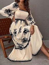 abordables Vestido Boho de Vacaciones-Mujer Vestido maxi Vestido de una línea Vestido de flores Elegante Moda Moderno Exterior Vacaciones Fiesta Ajuste regular Floral Manga Larga Escote Cuadrado Negro Burdeos Marrón Albaricoque Primavera