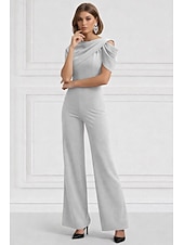 preiswerte Overalls für Mütter-Overalls Bodenlang Brautmutterkleid Kurzarm Rundhalsausschnitt Elegant Einfach Formell Hochzeitsgast Familientreffen Stretchstoff mit Einfarbig