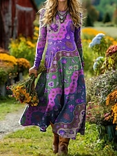 ieftine Rochie boho-Rochie Midi pentru Femei Boho Rochie în Formă de A Fit și Flare Rochie Vacanță Casual Zilnic Ajustare Regulat Grafic Geometric Mâneci Lungi Gât Rotund Albastru Roz Violet Portocaliu Vară Primăvară