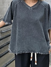  Damskie Koszulki Topy w stylu vintage prane Postrzępiony brzeg Asymetryczny/a Zabytkowe Elegancki Codzienny Krótki rękaw W serek Zwykłe topy Codzienny Wyjściowe Czarny Lato Wiosna