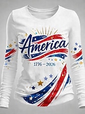  Giorno dell'Indipendenza Anniversario Americano Patriottico Maglietta Donna Grafica Bandiera Elegante Classica Casual Manica Lunga Girocollo Stile Giornaliero Stampa Bianco-Blu Bianco Azzurro Chiaro
