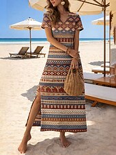 economico Abiti Boho-Per donna Abito maxi Abito a trapezio Casual Spiaggia Vestibilità regolare Grafico Geometrico Paisley Manica Corta Scollo a V Bianco Rosa Rosso Marrone Estate Primavera