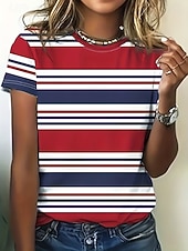 tanie Koszulka w paski i geometryczna-Amerykański Dzień Niepodległości Damskie Podkoszulek Nadruk Graficzny Flaga Zabytkowe Moda Elegancki Krótki rękaw Półgolf Zwykłe topy Codzienny Weekend Niebieski Rumiany róż Czerwony Lato Wiosna