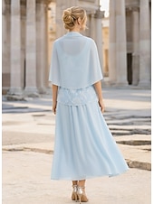 cheap Mom's Dress Sets-3 Piece Tea Length Midi Dress Mother of the Bride Dress Long Sleeve Scoop Neck Elegant Vintage Formal Wedding Guest Semi Formal Chiffon Jacquard Wrap Included with Cape Flower
