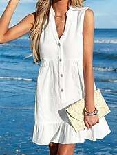 tanie Sukienki plażowe-Damskie Sukienka mini Biała sukienka sukienka plażowa Cover Up Elegancja Zabytkowe Moda Codzienny Na zewnątrz Plaża Luźna Równina Bez rękawów W serek Biały Lato Wiosna