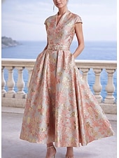 abordables Vestidos de cóctel-Corte A Hasta el Tobillo Vestido Midi Vestidos de coctel Elegante Floral Manga Corta Escote en Pico Boda Formal Bolsillo Jacquard con Estampado flor Plisado