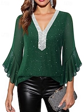baratos Blusas Elegantes-Mulheres Blusa Tops de lantejoulas Patchwork Bloco de cor à moda Moderno Manga 3/4 Sino Decote V Tops regulares Diário Feriado Para Noite Azul Preto Vermelho Verde Verão Primavera