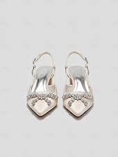 abordables Demoiselle d&amp;#39;honneur-Chaussures de demoiselle d'honneur couleur champagne, escarpins à petit talon bloc et bout pointu avec nœud en cristal, chaussures habillées élégantes et confortables