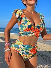 tanie Zestawy bikini-Damskie Stroje kąpielowe Bikini 2 szt Wysoka talia Kostium kąpielowy Falbana Szczupła Odkryte plecy Urlop Stroje plażowe Kwiaty Tropikalny W serek Bez rękawów Kostiumy kąpielowe