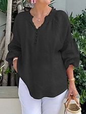 baratos Camisas Falsas Essenciais-Blusa de Linho Feminina Como Algodão Falso Botões Cor Sólida Casual de Mangas Longas Decote V Tops Longos Diários Azul Preto Branco Rosa Primavera Outono